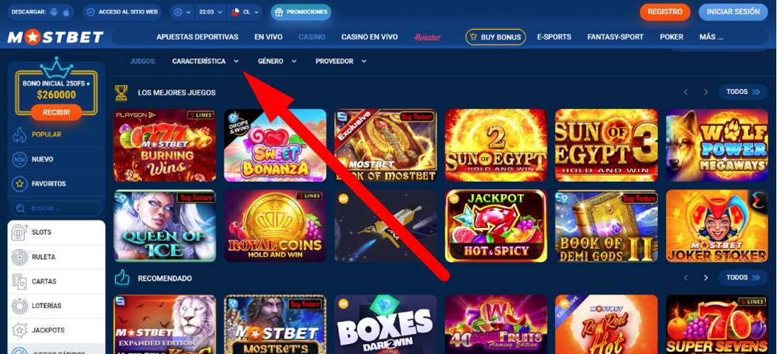 Secciones de casino online Mostbet Chile — filtros por género y proveedor
